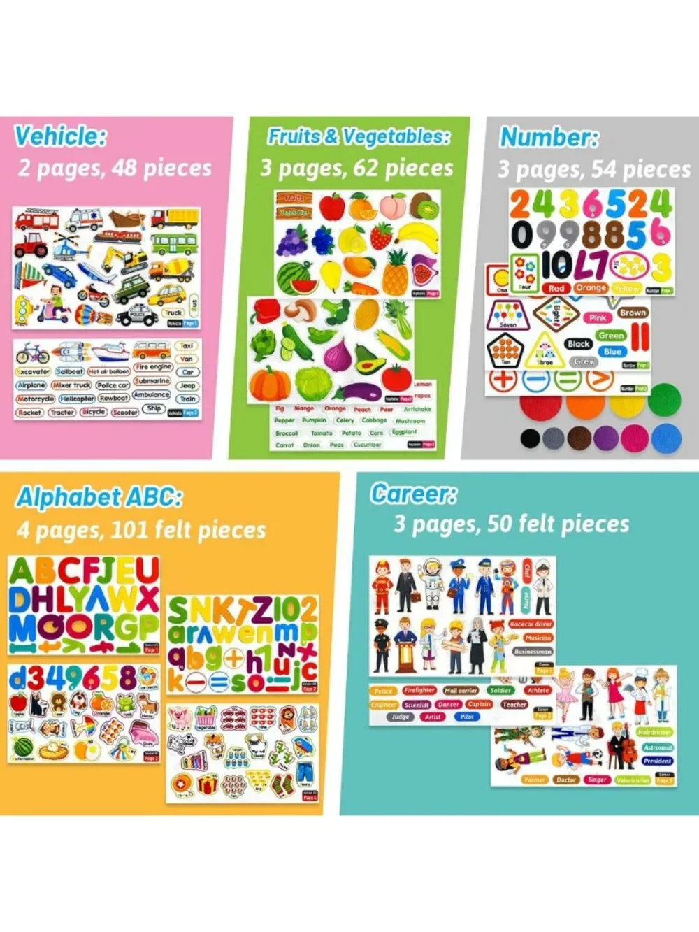 Felt Learning Set: Alphabet, Numbers, Fruits, Vegetables & Community Helpers for